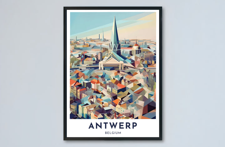 A stylish travel poster illustrating Antwerp, Belgium, using geometric facets in warm brick red, slate gray, and sky blue to portray the historic skyline. Available formats include unframed archival paper, custom-built wooden frames, and gallery wrapped canvas styles.