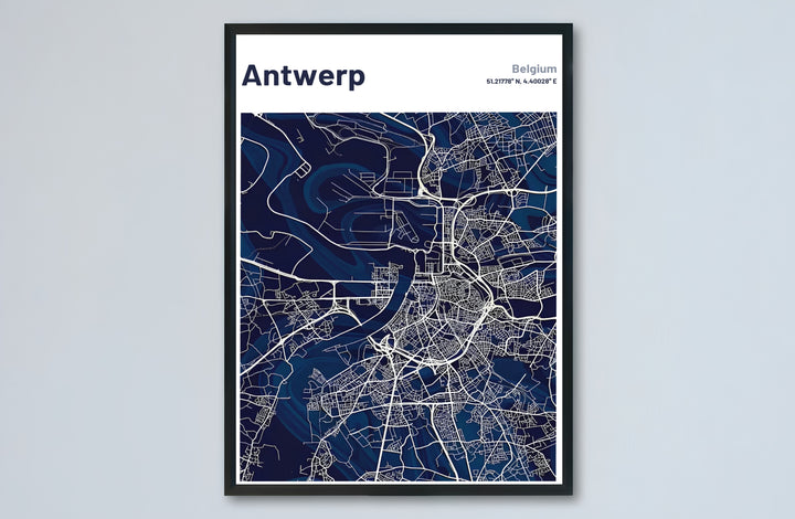 A stylish travel map poster capturing the Belgian city of Antwerp, focusing on its riverway and street grid in crisp modern vector style. Choose from versatile formats including budget-friendly unframed paper, solid wood framed finishes, and gallery canvas wall art.