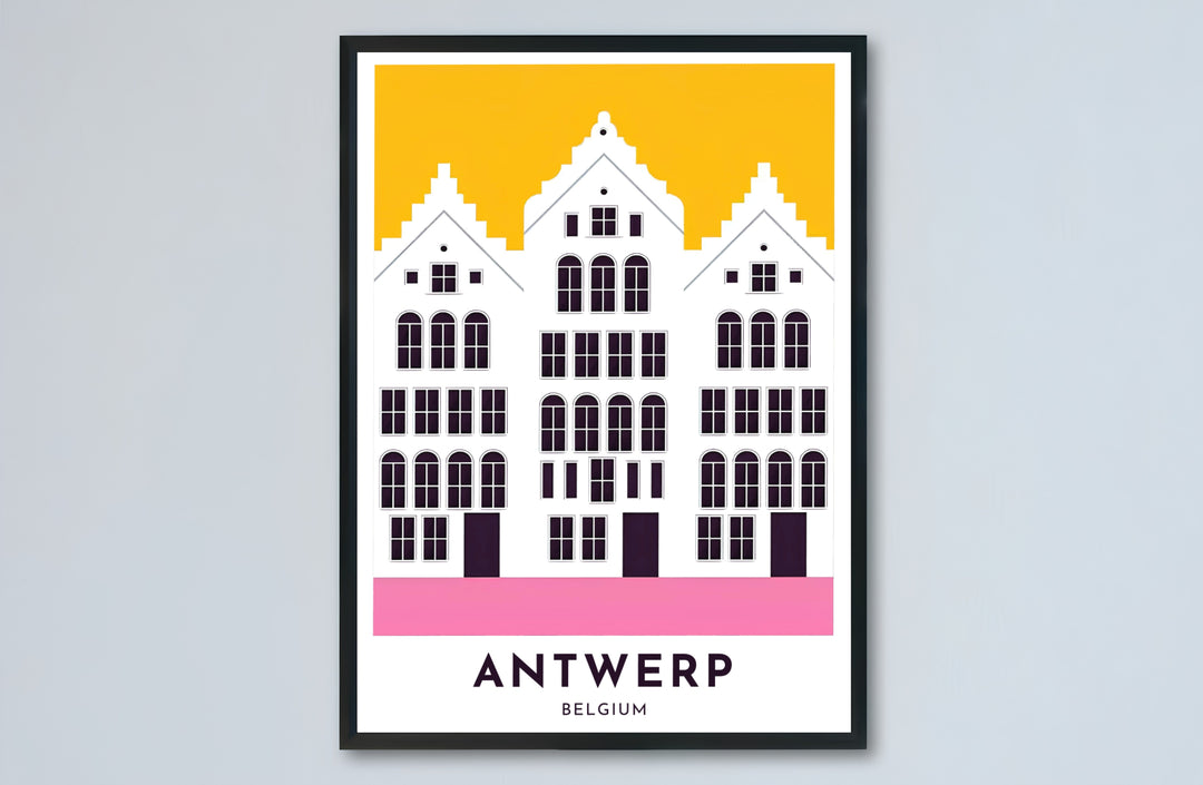 A stylish travel poster illustrating Antwerp, Belgium, focusing on its Renaissance buildings in a bold minimalist aesthetic of yellow, pink, and white. Choose from versatile formats including budget-friendly unframed paper, solid wood framed finishes, and gallery canvas wall art.