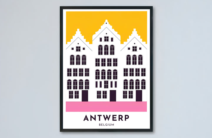 A stylish travel poster illustrating Antwerp, Belgium, focusing on its Renaissance buildings in a bold minimalist aesthetic of yellow, pink, and white. Choose from versatile formats including budget-friendly unframed paper, solid wood framed finishes, and gallery canvas wall art.