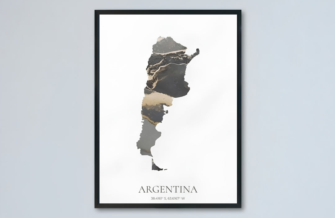 Minimalist Argentina map design with gold foil texture effect and classic geographic coordinates written at the bottom. Available in the MapYourDreams studio, this geographic print is offered as unframed archival paper, framed wall art, or gallery canvas wraps.