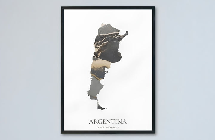 Minimalist Argentina map design with gold foil texture effect and classic geographic coordinates written at the bottom. Available in the MapYourDreams studio, this geographic print is offered as unframed archival paper, framed wall art, or gallery canvas wraps.