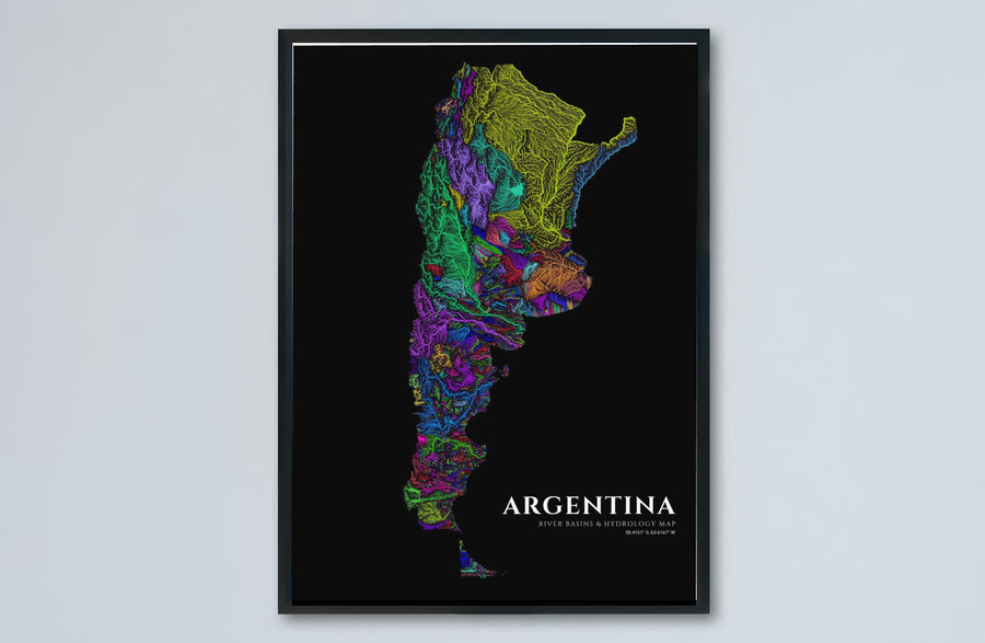 South American hydrographic map print showcasing Argentina&