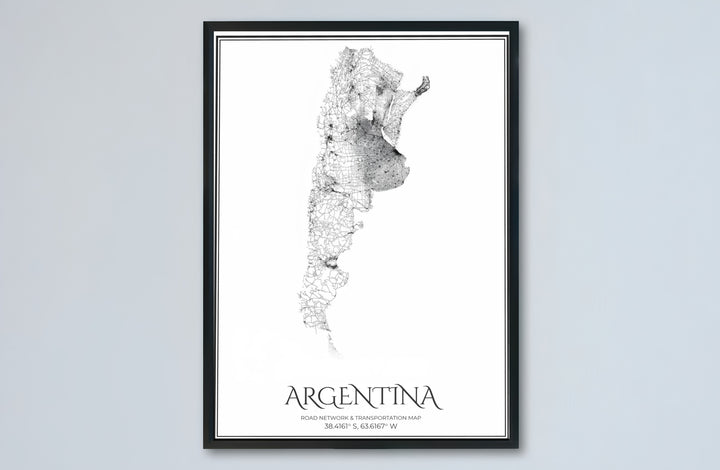 Black and white transit map design of Argentina outlining national routes and regional thoroughfares in crisp ink. Made by MapYourDreams, this artistic composition can be purchased as an unframed print, elegantly mounted in wood frames, or produced on stretched canvas.