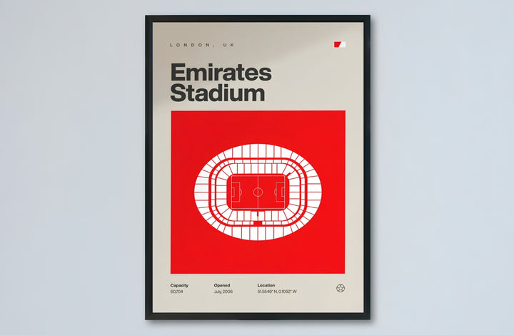 Vector graphic schematic artwork presenting Emirates Stadium in North London with a bold red background square and white seating plan. Designed for modern interiors, this piece is offered as an unframed paper poster, solid wood framed print, or gallery wrapped canvas wall decor.