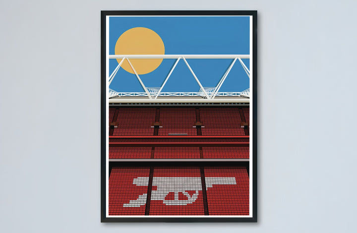 Vector graphic art print presenting Emirates Stadium in North London with high-contrast red seats, white cannon logo, and vibrant blue backdrop. Designed for modern interiors, this piece is offered as an unframed paper poster, solid wood framed print, or gallery wrapped canvas wall decor.