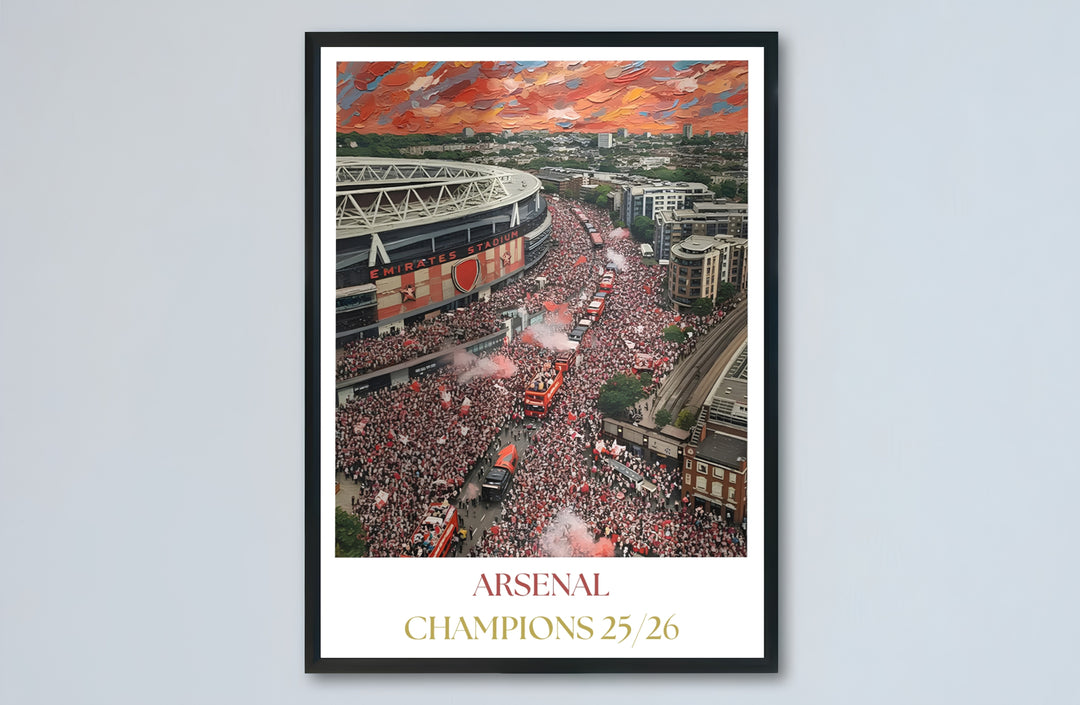Impressionist sunset landscape painting featuring Emirates Stadium and crowded North London streets below, available as unframed prints, framed options, or canvas for refined home bar interior decor.