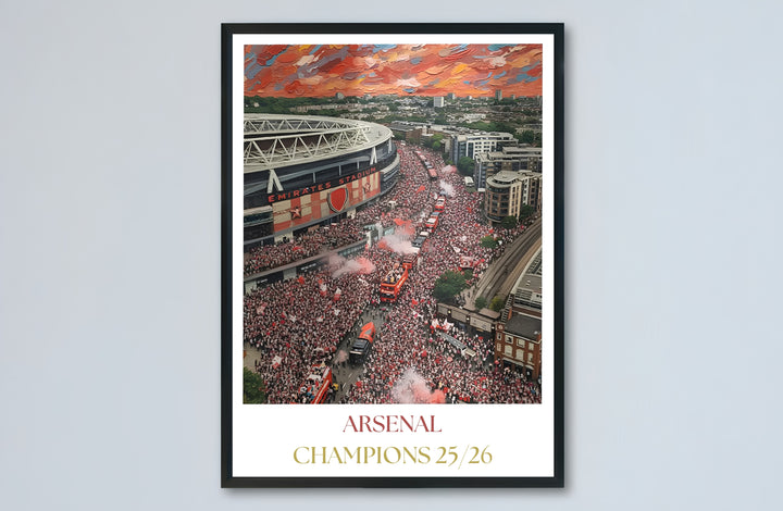 Impressionist sunset landscape painting featuring Emirates Stadium and crowded North London streets below, available as unframed prints, framed options, or canvas for refined home bar interior decor.