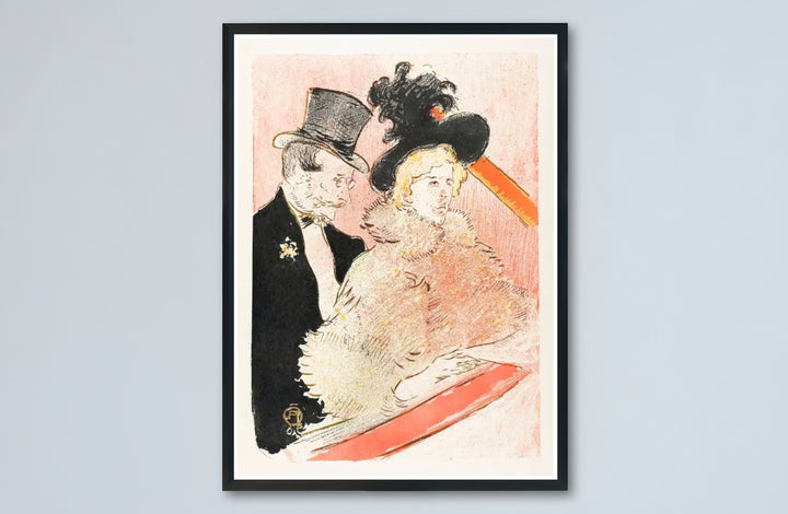 European post-impressionist print of At The Concert (1896), Henri de Toulouse-Lautrec showing a gentleman and lady seated in a balcony in Paris, France. MapYourDreams presents quality framed wall art, unframed print options, and stretched canvas choices for home gallery decoration.