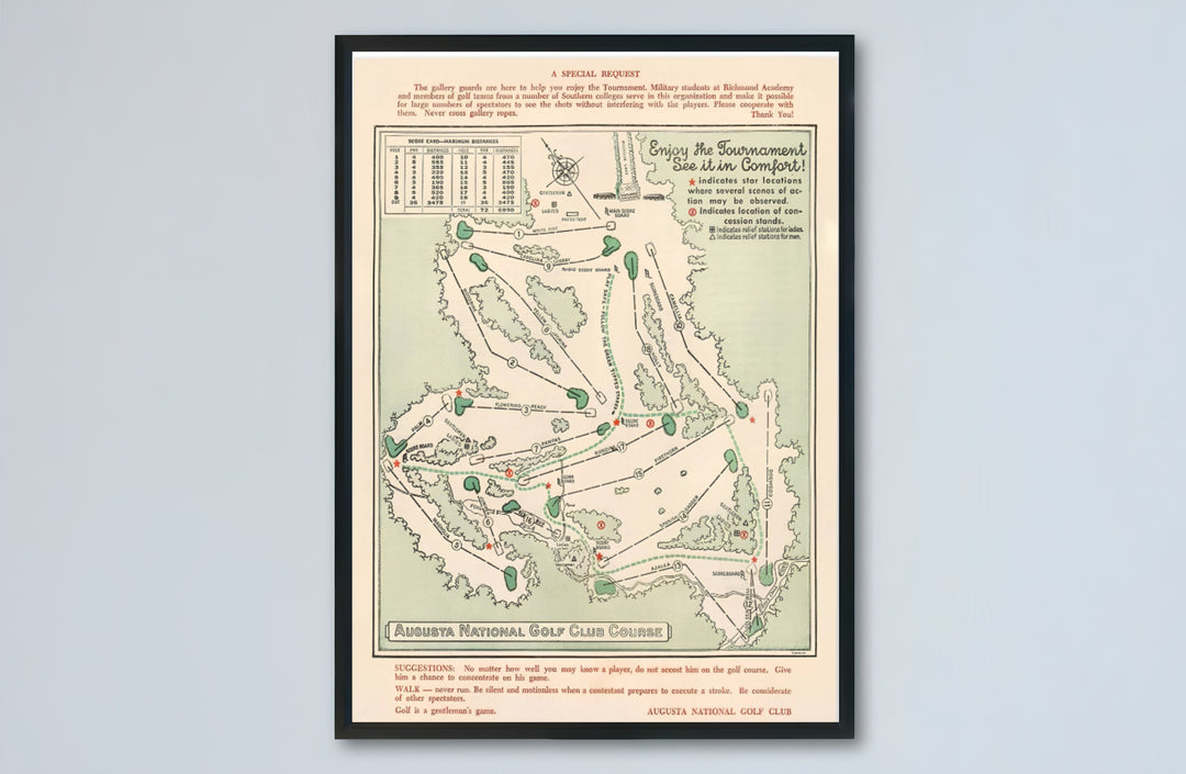Historic 1954 Augusta Georgia golf spectator map poster showcasing vintage typography and course schematics. Offered by MapYourDreams, this artwork is available in flexible options including unframed paper, custom wooden frames, and gallery canvas wraps for tailored home wall decor setups.