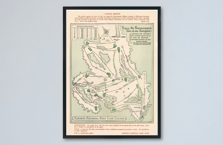 Historic 1954 Augusta Georgia golf spectator map poster showcasing vintage typography and course schematics. Offered by MapYourDreams, this artwork is available in flexible options including unframed paper, custom wooden frames, and gallery canvas wraps for tailored home wall decor setups.