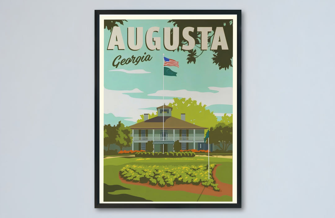 Augusta Georgia golf decor print capturing the antebellum plantation building set against a mint blue sky. Offered by MapYourDreams, this artwork is available in flexible options including unframed paper, custom wooden frames, and gallery canvas wraps for tailored home wall decor setups.