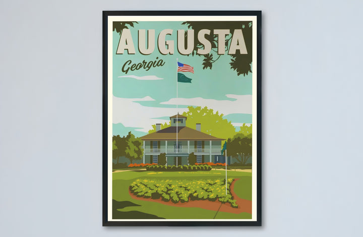 Augusta Georgia golf decor print capturing the antebellum plantation building set against a mint blue sky. Offered by MapYourDreams, this artwork is available in flexible options including unframed paper, custom wooden frames, and gallery canvas wraps for tailored home wall decor setups.