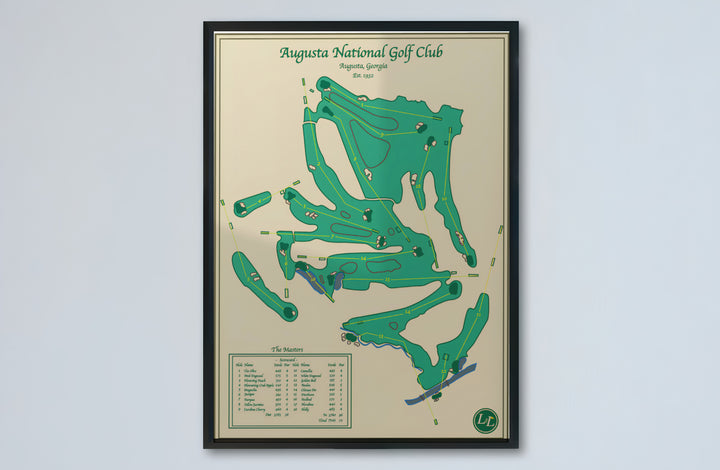 Sophisticated Augusta Georgia golf course schematic print designed with rich emerald green and warm parchment tones. Offered by MapYourDreams, this artwork is available in flexible options including unframed paper, custom wooden frames, and gallery canvas wraps for tailored home wall decor setups.