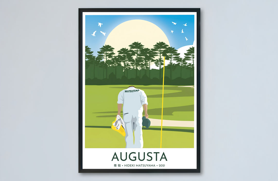 Illustrative sports history poster of Augusta Georgia honoring the 2021 golf championship moment where Shota Hayafuji bowed to the course. Offered by MapYourDreams, this artwork is available in flexible options including unframed paper, custom wooden frames, and gallery canvas wraps for tailored home wall decor setups.