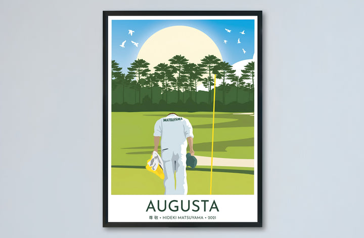 Illustrative sports history poster of Augusta Georgia honoring the 2021 golf championship moment where Shota Hayafuji bowed to the course. Offered by MapYourDreams, this artwork is available in flexible options including unframed paper, custom wooden frames, and gallery canvas wraps for tailored home wall decor setups.