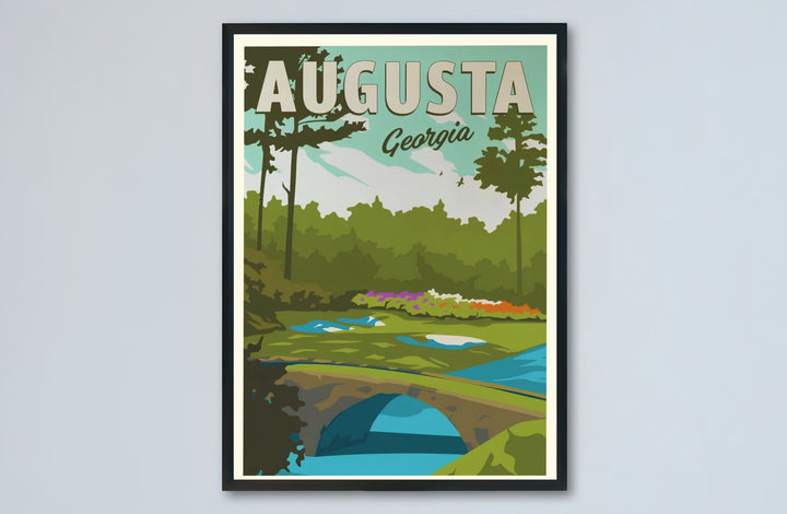 Illustrative sports history poster of Augusta Georgia honoring the legendary Hogan Bridge and the challenging 12th hole at Amen Corner. Offered by MapYourDreams, this artwork is available in flexible options including unframed paper, custom wooden frames, and gallery canvas wraps for tailored home wall decor setups.