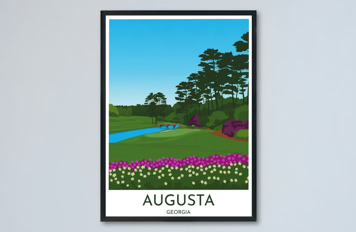 Augusta National Golf Course landscape travel poster depicting flat color blocks, stone arch bridge, white flag, and rich magenta botanical foreground. Offered by MapYourDreams, this artwork is available in flexible options including unframed paper, custom wooden frames, and gallery canvas wraps for tailored home wall decor setups.