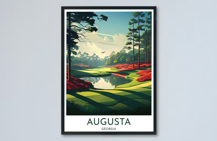 Illustrative sports poster of Augusta Georgia honoring the final leg of Amen Corner with clean white border typography and bold color blocks. Offered by MapYourDreams, this artwork is available in flexible options including unframed paper, custom wooden frames, and gallery canvas wraps for tailored home wall decor setups.