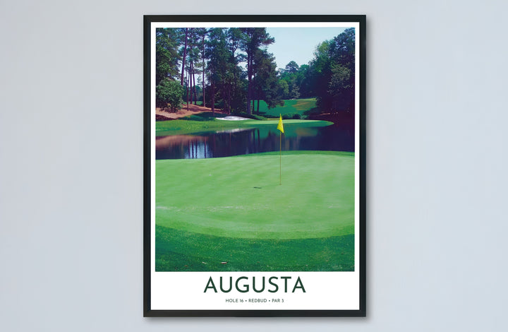 Illustrative sports photo poster of Augusta Georgia honoring the legendary Par 3 16th hole with clean white border typography and natural lighting. Offered by MapYourDreams, this artwork is available in flexible options including unframed paper, custom wooden frames, and gallery canvas wraps for tailored home wall decor setups.