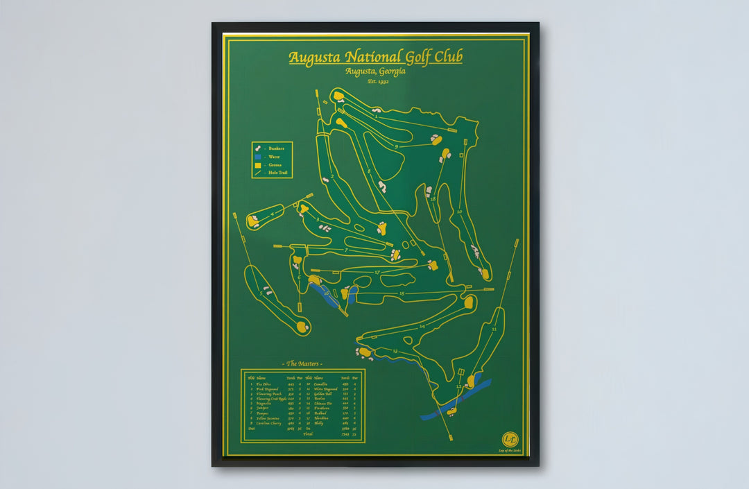 Architectural sports map poster of Augusta Georgia honoring the 18-hole layout with traditional scorecard yardage tables and key icons. Offered by MapYourDreams, this artwork is available in flexible options including unframed paper, custom wooden frames, and gallery canvas wraps for tailored home wall decor setups.