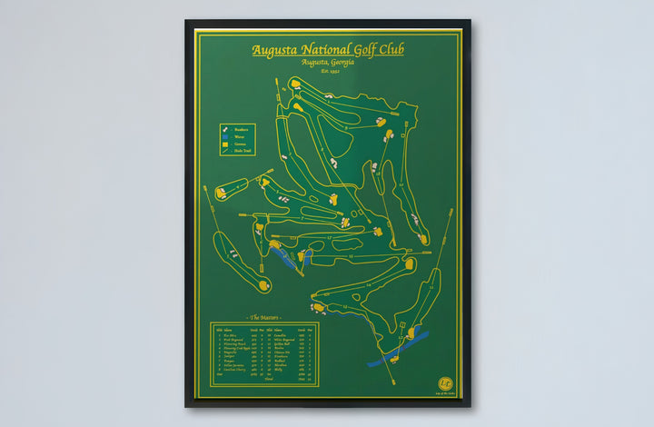 Architectural sports map poster of Augusta Georgia honoring the 18-hole layout with traditional scorecard yardage tables and key icons. Offered by MapYourDreams, this artwork is available in flexible options including unframed paper, custom wooden frames, and gallery canvas wraps for tailored home wall decor setups.