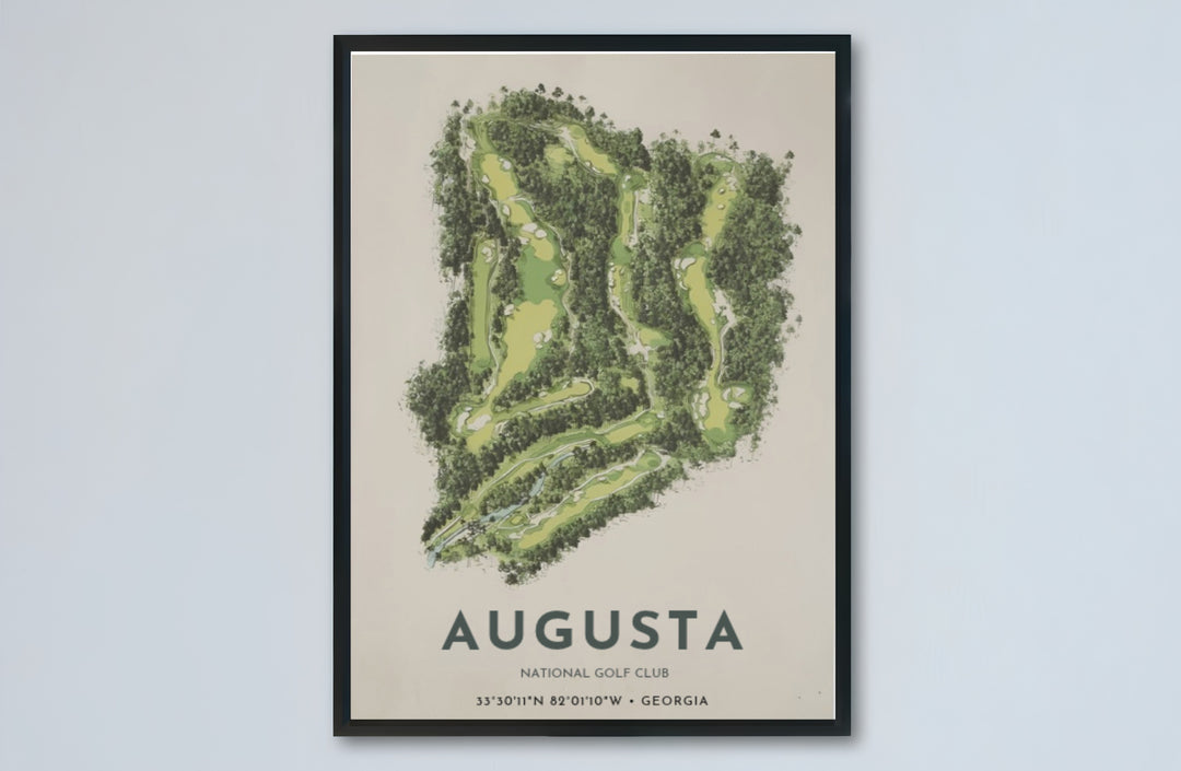 Modern minimalist golf map poster of Augusta Georgia honoring the famous grounds with soft botanical greens and refined dark slate typography. Offered by MapYourDreams, this artwork is available in flexible options including unframed paper, custom wooden frames, and gallery canvas wraps for tailored home wall decor setups.