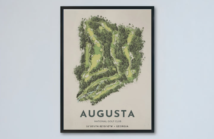Modern minimalist golf map poster of Augusta Georgia honoring the famous grounds with soft botanical greens and refined dark slate typography. Offered by MapYourDreams, this artwork is available in flexible options including unframed paper, custom wooden frames, and gallery canvas wraps for tailored home wall decor setups.