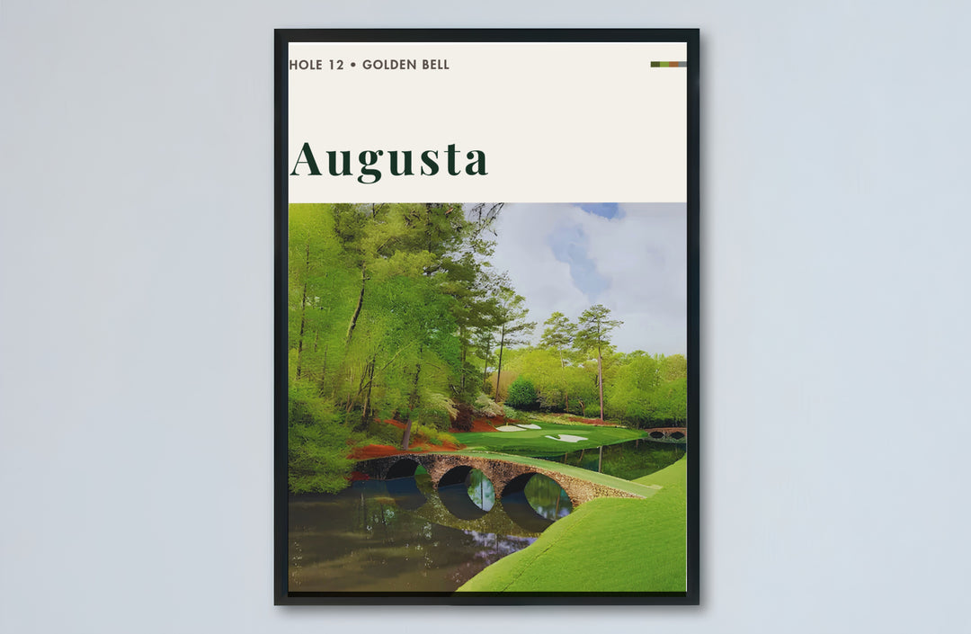 Editorial sports poster of Augusta Georgia honoring Hole 12 Golden Bell with an off-white top header block and bold editorial typeface. Offered by MapYourDreams, this artwork is available in flexible options including unframed paper, custom wooden frames, and gallery canvas wraps for tailored home wall decor setups.