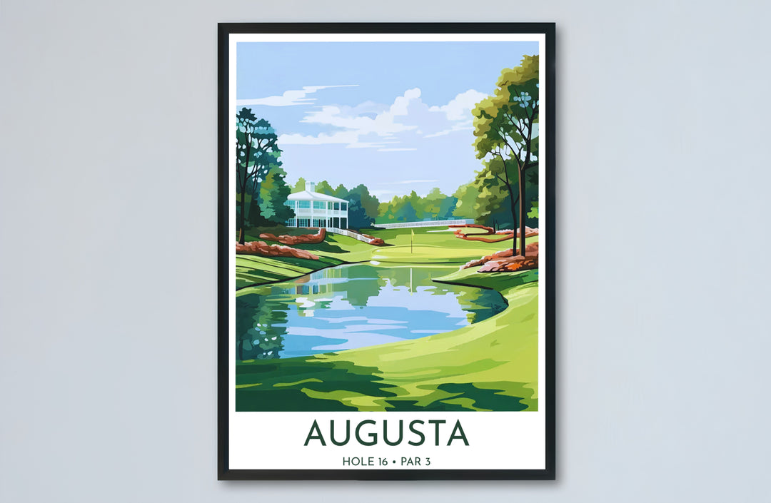 Vintage travel poster inspired golf print honoring Hole 16 Par 3 with a crisp white border block and minimalist typography. Offered by MapYourDreams, this artwork is available in flexible options including unframed paper, custom wooden frames, and gallery canvas wraps for tailored home wall decor setups.