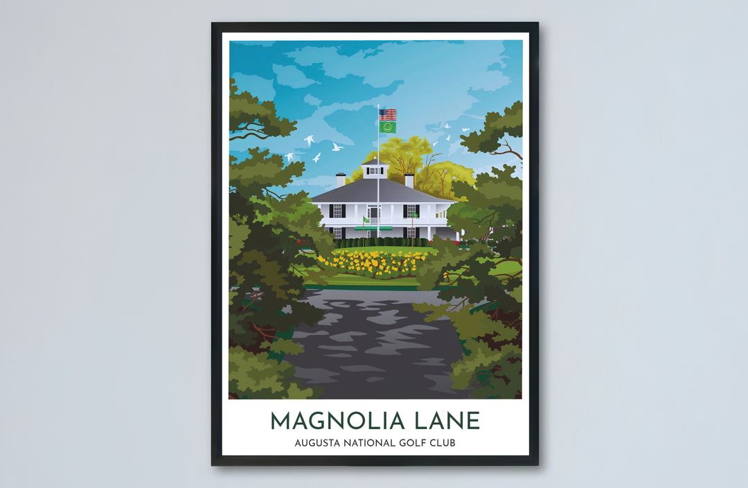 Vintage travel poster inspired golf print honoring Magnolia Lane with a crisp white border block and minimalist sans-serif typography. Offered by MapYourDreams, this artwork is available in flexible options including unframed paper, custom wooden frames, and gallery canvas wraps for tailored home wall decor setups.