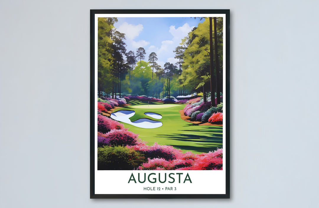 Vintage travel poster inspired golf print honoring Hole 12 Golden Bell with a crisp white border block and minimal typography. Offered by MapYourDreams, this artwork is available in flexible options including unframed paper, custom wooden frames, and gallery canvas wraps for tailored home wall decor setups.