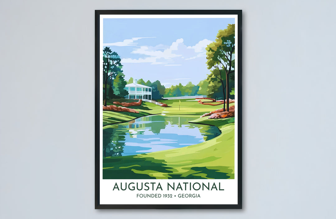 Augusta National 18th green art print highlighting the yellow tournament flag, surrounding sand bunkers, and stately white clubhouse in Georgia. Offered by MapYourDreams, this artwork is available in flexible options including unframed paper, custom wooden frames, and gallery canvas wraps.