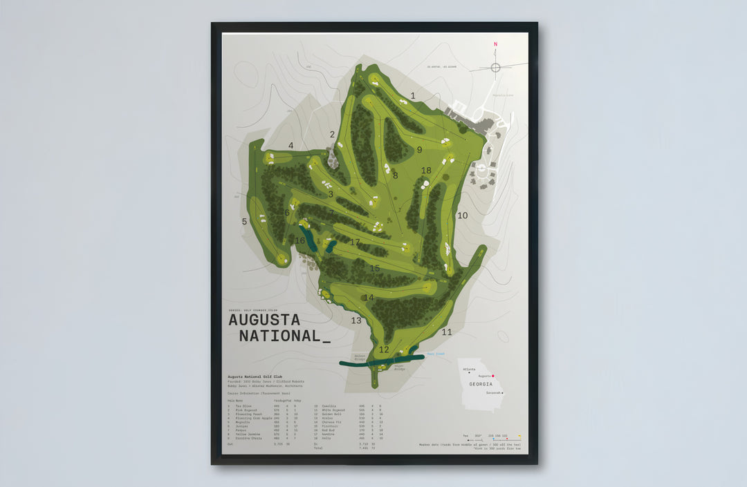 Complete 18-hole blueprint wall art of Augusta National Golf Course displaying precise yardages, par values, and geographical layout in modern green tones. Offered by MapYourDreams, this artwork is available in flexible options including unframed paper, custom wooden frames, and gallery canvas wraps.