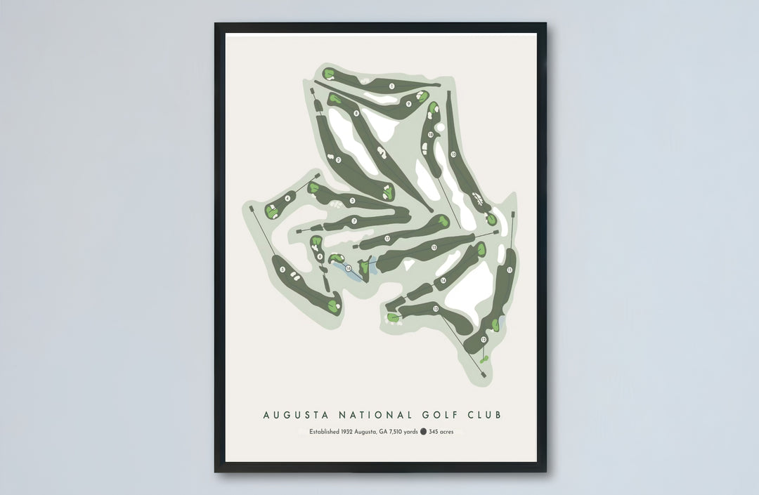 Augusta National 18-hole course layout poster capturing the iconic layout shapes, Amen Corner water features, and teebox markers in deep green and cream. Offered by MapYourDreams, this artwork is available in flexible options including unframed paper, custom wooden frames, and gallery canvas wraps.