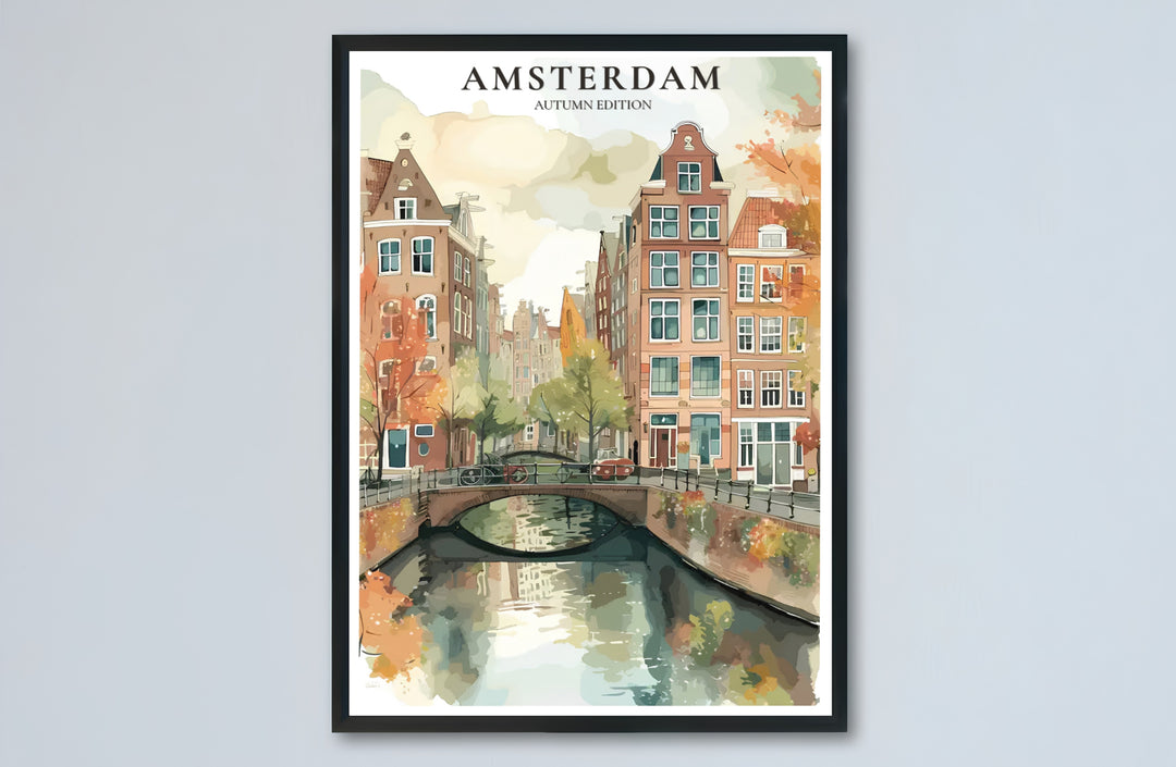 Autumn in Amsterdam poster capturing glowing orange leaves and canal bridge reflections in rich watercolor washes, offered by MapYourDreams with catalog selections for an unframed matte paper poster, a durable gallery wrapped canvas, or custom framed wall art.