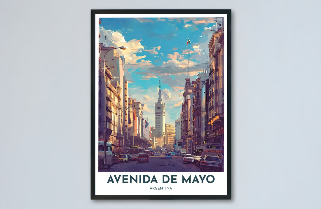 Classic South American urban street scene print showing Avenida de Mayo in Argentina framed by historic European-influenced buildings. Skillfully crafted by MapYourDreams, available formats include borderless paper prints, solid wooden frames, and gallery canvas wraps.