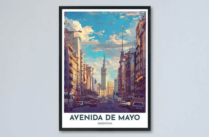 Classic South American urban street scene print showing Avenida de Mayo in Argentina framed by historic European-influenced buildings. Skillfully crafted by MapYourDreams, available formats include borderless paper prints, solid wooden frames, and gallery canvas wraps.
