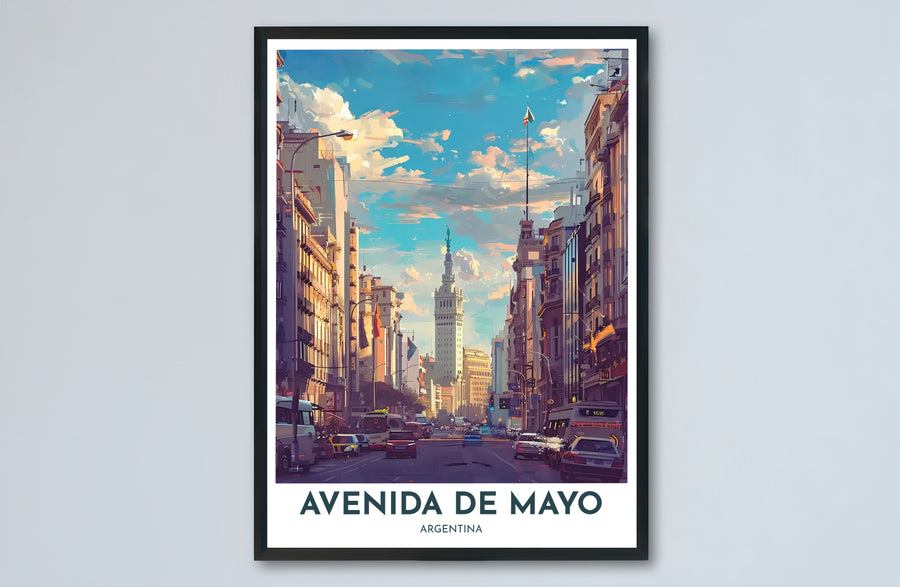Classic South American urban street scene print showing Avenida de Mayo in Argentina framed by historic European-influenced buildings. Skillfully crafted by MapYourDreams, available formats include borderless paper prints, solid wooden frames, and gallery canvas wraps.