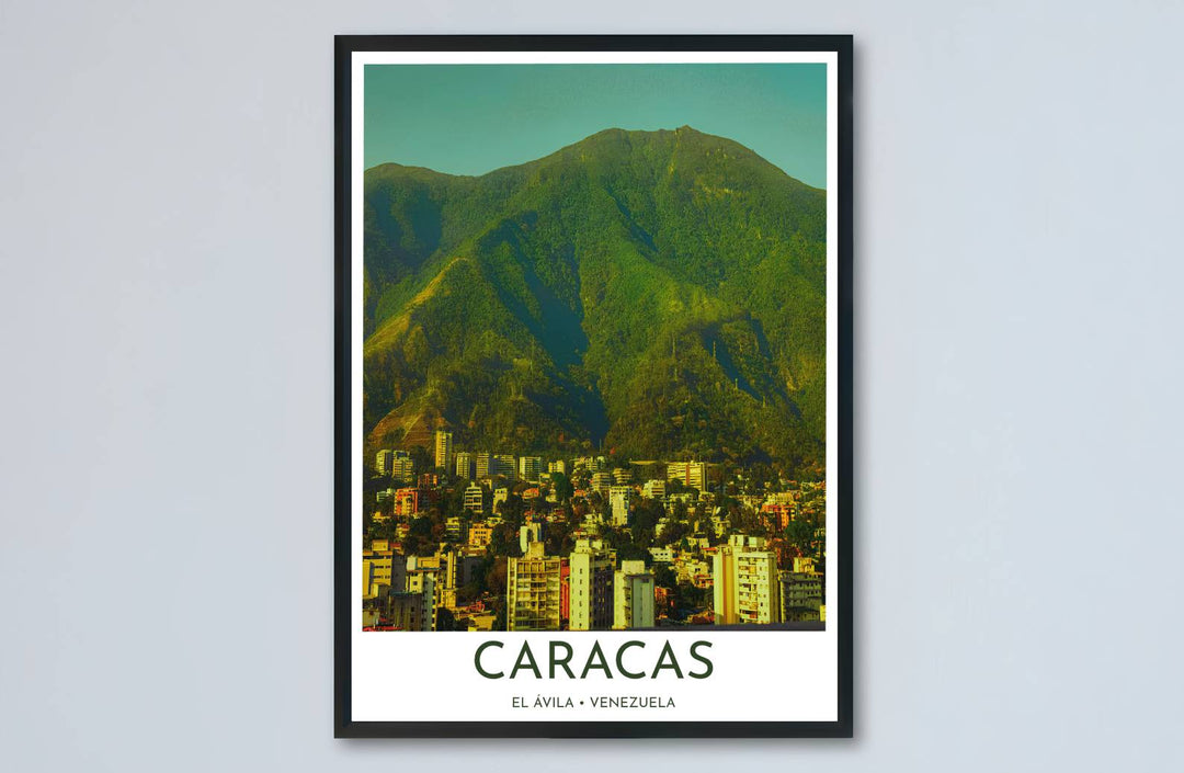 Architectural city and natural mountain landscape print showing the unique contrast between metropolitan towers and tropical nature in Venezuela. Designed by MapYourDreams to suit modern interiors, this piece comes in versatile choices like unframed paper, solid wood frames, and gallery canvas formats.