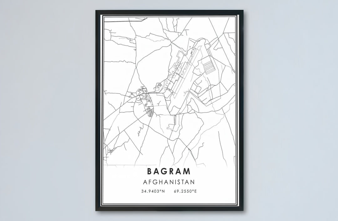 Modern street map art print of Bagram Afghanistan featuring geographic coordinate typography and clean layout design, provided by MapYourDreams as an unframed paper print, gallery canvas wall decor, or custom framed wall art in retro black and grey frames for modern apartments.