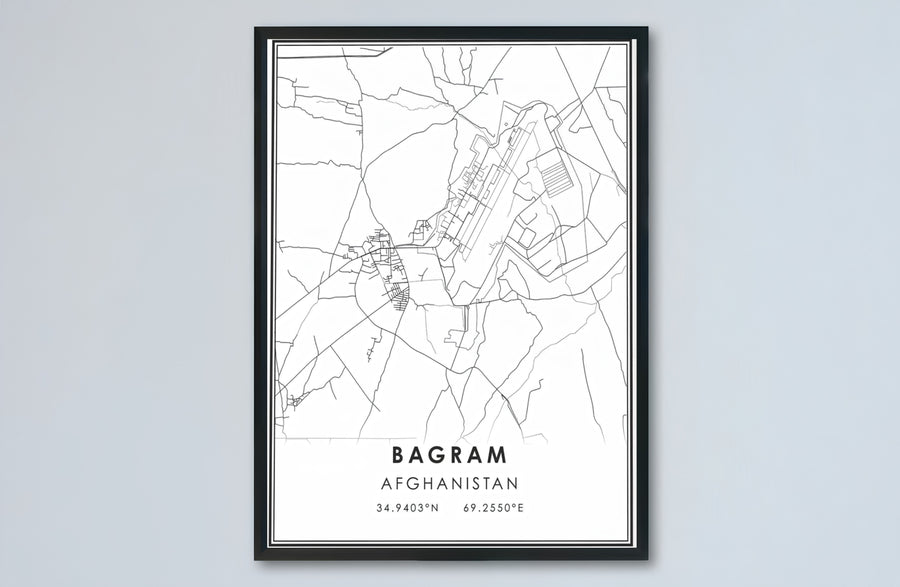 Modern street map art print of Bagram Afghanistan featuring geographic coordinate typography and clean layout design, provided by MapYourDreams as an unframed paper print, gallery canvas wall decor, or custom framed wall art in retro black and grey frames for modern apartments.