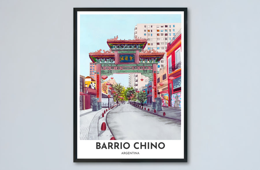 Artistic watercolor travel poster depicting the entrance gate of Belgrano Chinatown with expressive brushwork and rich colors. Made by MapYourDreams, this artistic composition can be purchased as an unframed print, elegantly mounted in wood frames, or produced on stretched canvas.