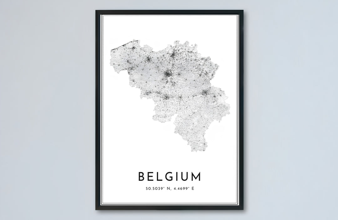 A stylish travel poster capturing the road infrastructure of Belgium in high-contrast black and white graphic design. Choose from versatile formats including budget-friendly unframed paper, solid wood framed finishes, and gallery canvas wall art.