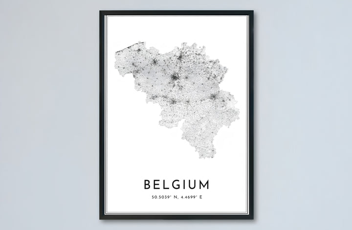 A stylish travel poster capturing the road infrastructure of Belgium in high-contrast black and white graphic design. Choose from versatile formats including budget-friendly unframed paper, solid wood framed finishes, and gallery canvas wall art.