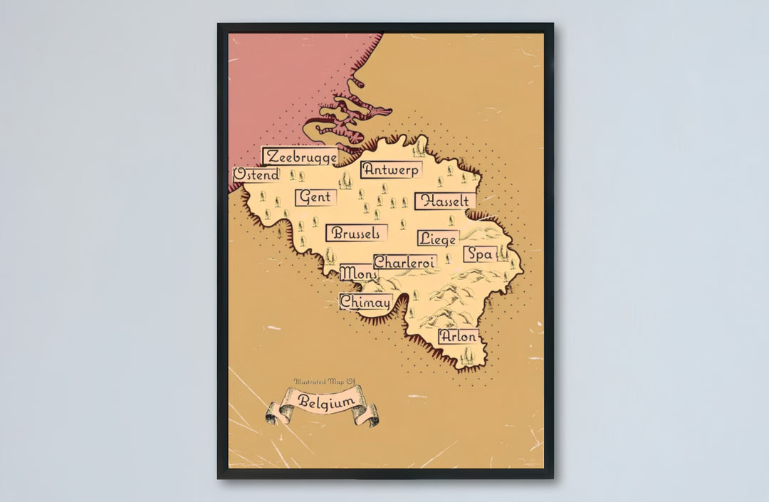 A charming vintage travel poster capturing Belgium through illustrated forest icons, rolling hills, and calligraphic city plaques. Choose from versatile formats including budget-friendly unframed paper, solid wood framed finishes, and gallery canvas wall art.