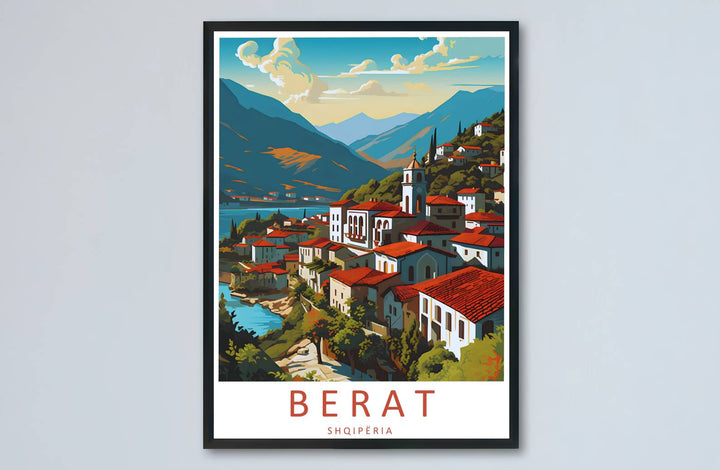 Elegant Berat travel poster boasting bright terracotta, white, and turquoise tones, ideal for living room wall decoration, offices, or entryways. Offered by MapYourDreams, this artwork is available in flexible options including unframed paper, custom wooden frames, and gallery canvas wraps.