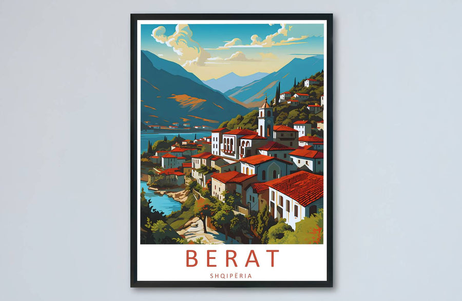 Elegant Berat travel poster boasting bright terracotta, white, and turquoise tones, ideal for living room wall decoration, offices, or entryways. Offered by MapYourDreams, this artwork is available in flexible options including unframed paper, custom wooden frames, and gallery canvas wraps.