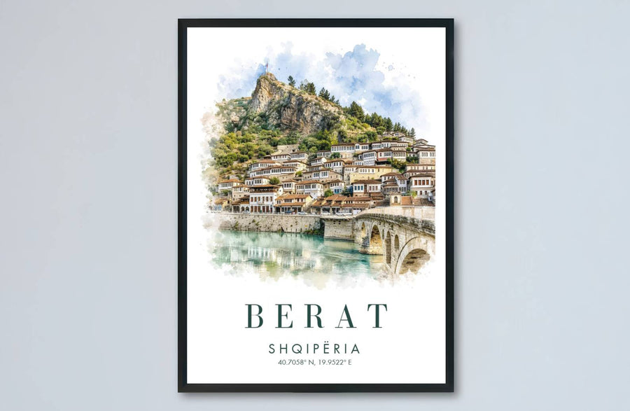 Elegant Berat watercolor poster boasting serene mint turquoise, terracotta, and soft blue tones, ideal for living room or office wall decoration. Offered by MapYourDreams, this artwork is available in flexible options including unframed paper, custom wooden frames, and gallery canvas wraps.