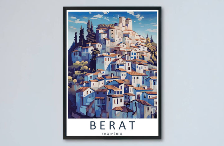 Artistic portrait of Berat Albania presented in deep indigo, turquoise, and white shades for striking home interior accents and travel focal points. Offered by MapYourDreams, this artwork is available in flexible options including unframed paper, custom wooden frames, and gallery canvas wraps.